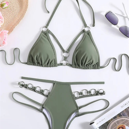 Load image into Gallery viewer, Green Rings Halter Bikini Set 2024 Sexy Hollow Out Swimwear Women Brazilian Swimsuit High Waist Biquini Bathing Suit
