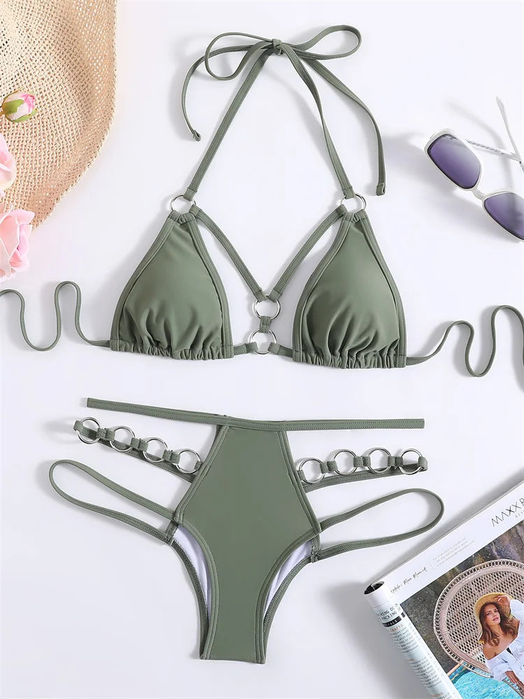 Green Rings Halter Bikini Set 2024 Sexy Hollow Out Swimwear Women Brazilian Swimsuit High Waist Biquini Bathing Suit