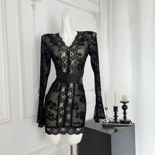 Load image into Gallery viewer, Korean Women New Black Patchwork Lace V Neck Long Sleeve Bandage Dress Autumn Yellow Print Elegant Sexy Party Short Dress Trendy
