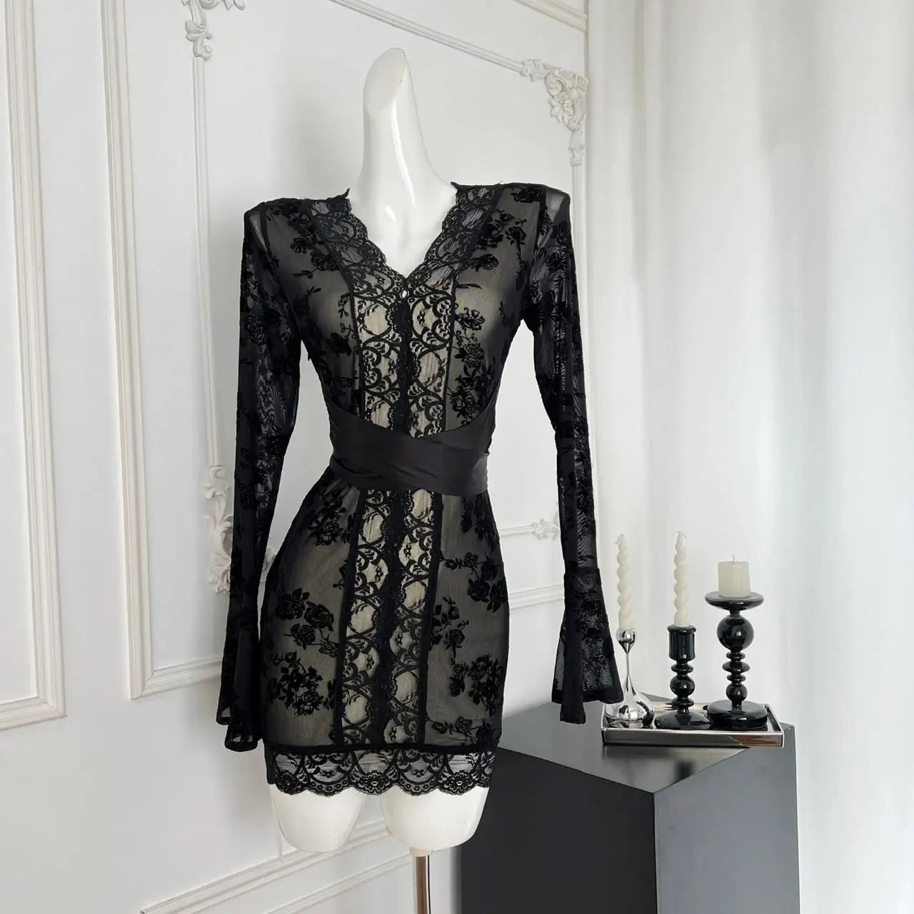 Korean Women New Black Patchwork Lace V Neck Long Sleeve Bandage Dress Autumn Yellow Print Elegant Sexy Party Short Dress Trendy