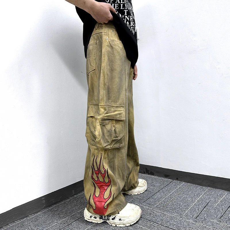 Men's Cargo Pants New American Style Tie Dye Dirty Flame Pattern Washed Straight Wide Leg Male Trousers Summer 9W1787