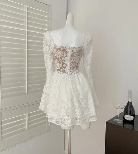French Vintage Women's White Lace Elegant Backless Pleated Short Dress 2025 Spring Long Sleeves Slim Birthday Party Dress Trendy