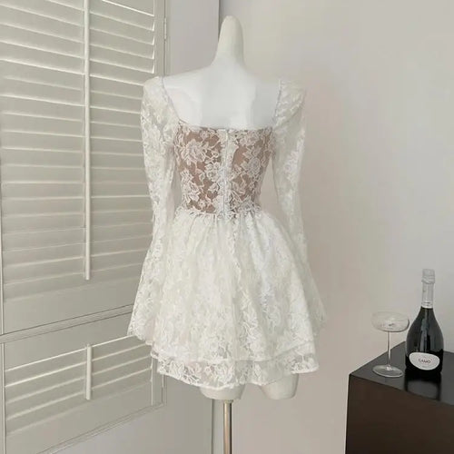 Load image into Gallery viewer, French Vintage Women's White Lace Elegant Backless Pleated Short Dress 2025 Spring Long Sleeves Slim Birthday Party Dress Trendy
