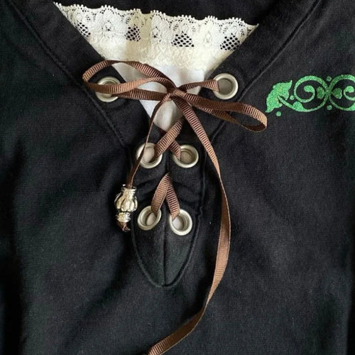 Load image into Gallery viewer, Vintage Fake Two Piece Black T-shirt Womens Harajuku Lace Patchwork Bandage Tops Streetwear Grunge Slim Fit VSummer Shirts Femme
