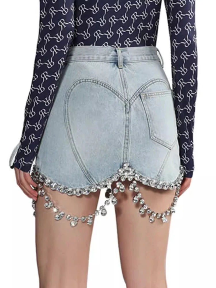 Patchwork Diamonds Denim Skirts For Women High Waist Patchwork Pockets Soild Slimming Mini Skirt Female Fashion Clothing