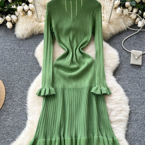 Load image into Gallery viewer, Autumn 2024 New Women Black White Single Breasted Slim Knitted Dress French Green Elegant V Neck Ruffles Long Sleeve Dress Trend
