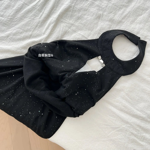 Load image into Gallery viewer, French Black Diamond Off Shoulder Halter Short Dress For Women Summer 2025 New Hollow Out Backless Sexy Club Mini Wrap Hip Dress
