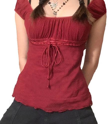 2000s Aesthetic Sweet Lace Tops Women Off Shoulder Drawstring T-shirt Korean Fashion Female Tee Fairy Grunge Streetwear