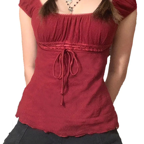 Load image into Gallery viewer, 2000s Aesthetic Sweet Lace Tops Women Off Shoulder Drawstring T-shirt Korean Fashion Female Tee Fairy Grunge Streetwear
