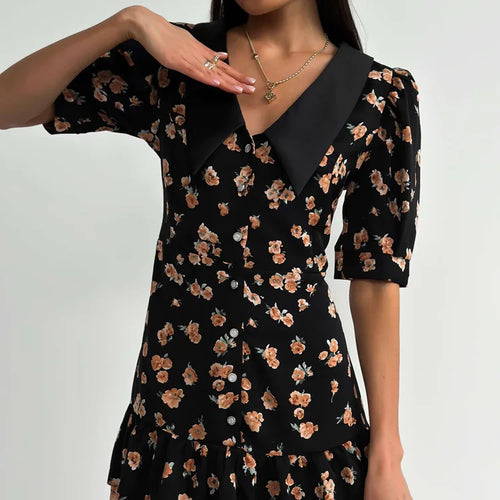 Load image into Gallery viewer, Short Sleeve Floral Mini Dress For Women Robe Turn-down Collar Elegant French Dress Ladies Fashion High Waist Dresses
