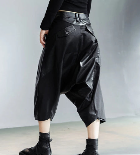 High Elastic Waist Black Leather Long Harem Trousers New Loose Fit Pants Women Fashion Tide Spring Autumn 2025 1DE3072