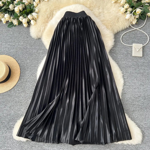 Load image into Gallery viewer, French Retro Women Fashion Solid Elegant Long Skirt Autumn Winter Elastic High Waist Popular Pleated Skirt Simplicity Streetwear
