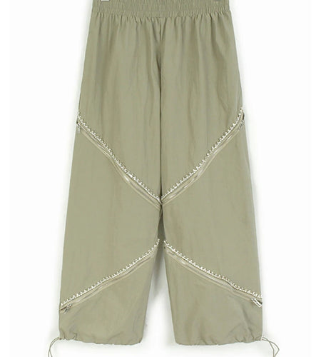 High Elastic Waist Apricot Rhinestones Zipper Wide Leg Pants New Trousers Women Fashion Tide Spring Autumn 2025 1DJ1192