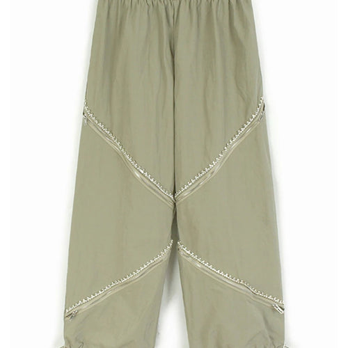 Load image into Gallery viewer, High Elastic Waist Apricot Rhinestones Zipper Wide Leg Pants New Trousers Women Fashion Tide Spring Autumn 2025 1DJ1192
