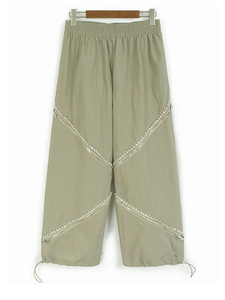 High Elastic Waist Apricot Rhinestones Zipper Wide Leg Pants New Trousers Women Fashion Tide Spring Autumn 2025 1DJ1192