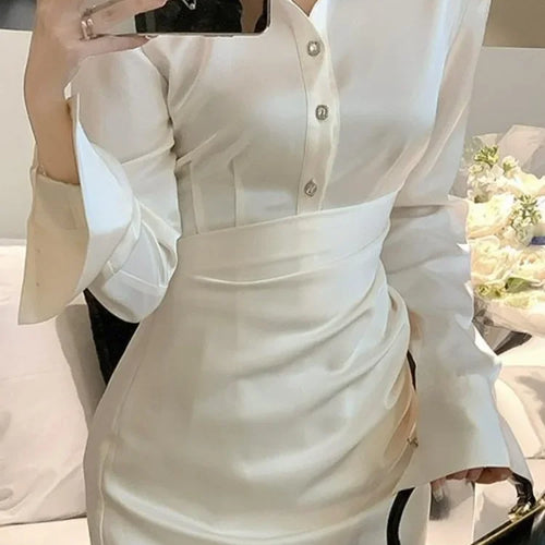 Load image into Gallery viewer, Korean White Shirt Dress Women Stain Bodycon Wrap Slim Mini Short Dresses Autumn Spring Sheath Solid
