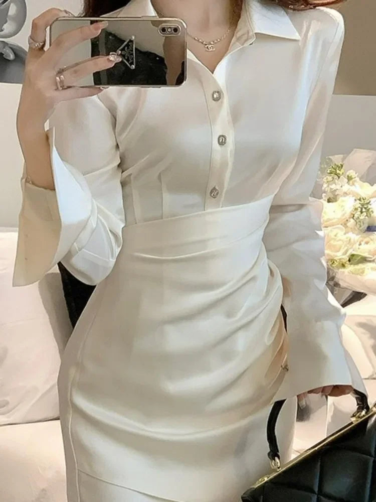 Korean White Shirt Dress Women Stain Bodycon Wrap Slim Mini Short Dresses Autumn Spring Sheath Solid