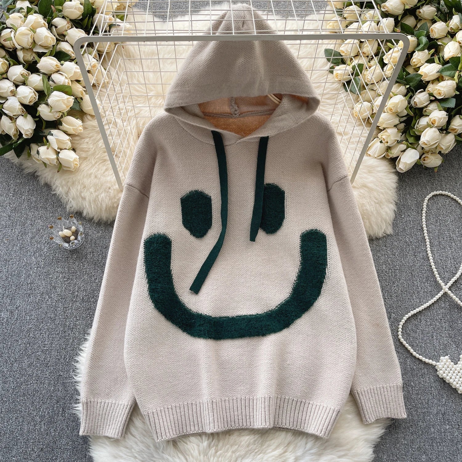 Women Patchwork Smiling Face Pullover Sweater Korean Loose Long Sleeve Casual Autumn Winter Thick Warm Knitted Hooded Tops Trend