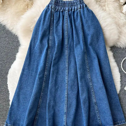 Load image into Gallery viewer, Summer Women Retro High Waist Blue Denim Skirts A Line Casual High Elastic Waist Streetwear Midi Pleated Button Jeans Skirt Chic
