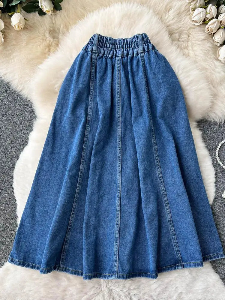Summer Women Retro High Waist Blue Denim Skirts A Line Casual High Elastic Waist Streetwear Midi Pleated Button Jeans Skirt Chic