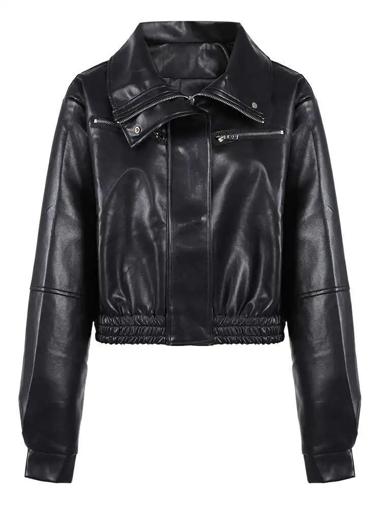 Loose Fit Green Pu Leather Big Size Casual Jacket New Lapel Long Sleeve Women Coat Fashion Tide Spring Autumn 2025 CPG0419