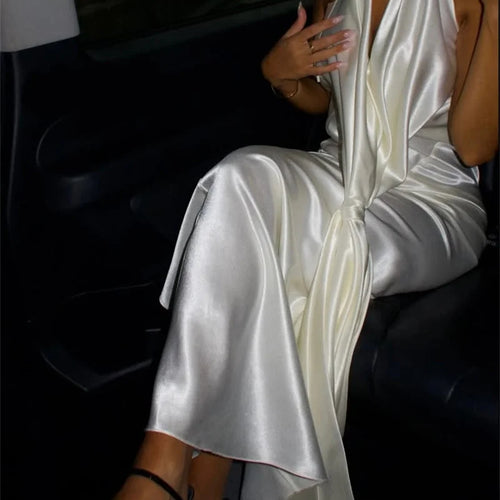 Load image into Gallery viewer, Satin Deep V Neck Backless Sexy Maxi Dress Women Elegant Halter Sleeveless Lace-up High Waist Draped Ruched Long Dress
