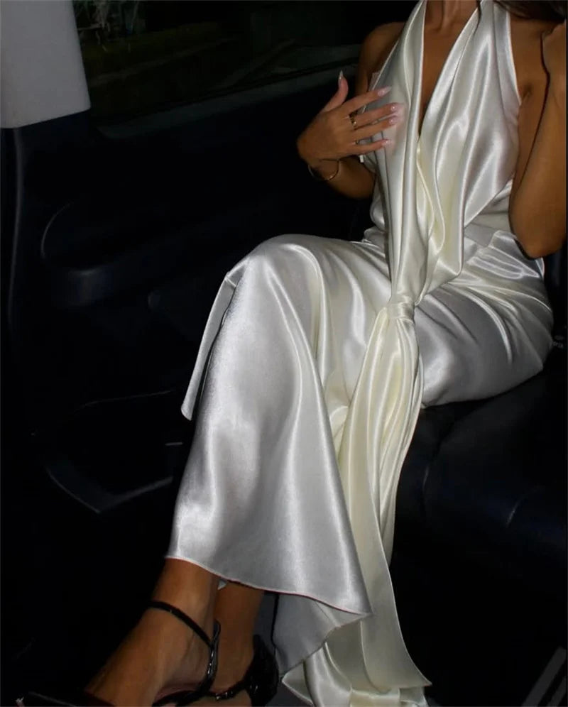 Satin Deep V Neck Backless Sexy Maxi Dress Women Elegant Halter Sleeveless Lace-up High Waist Draped Ruched Long Dress