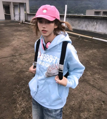 Japanese Y2k Blue Hoodies Vintage 2000s Style Sweatshirts Harajuku Aesthetics Letter Print Hooded Tops American Retro