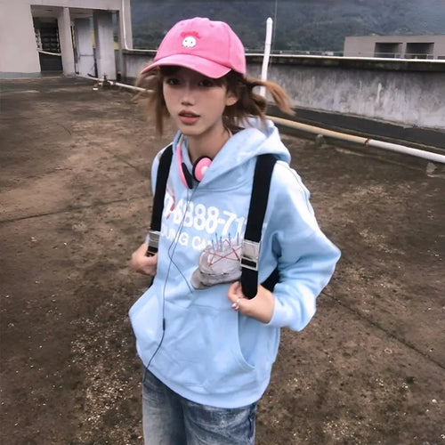 Load image into Gallery viewer, Japanese Y2k Blue Hoodies Vintage 2000s Style Sweatshirts Harajuku Aesthetics Letter Print Hooded Tops American Retro
