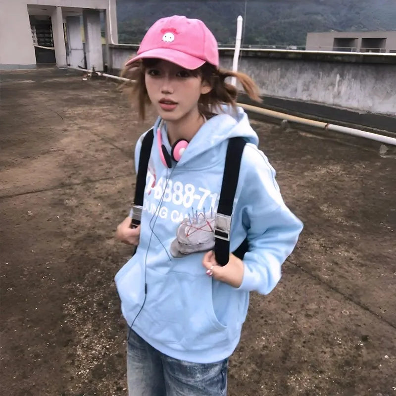 Japanese Y2k Blue Hoodies Vintage 2000s Style Sweatshirts Harajuku Aesthetics Letter Print Hooded Tops American Retro