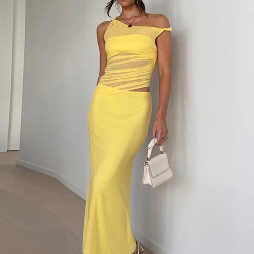 Load image into Gallery viewer, Diagonal Collar Backless Sexy Maxi Dress Women Gown Summer New Sleeveless Sheer Mesh Hollow Out Elegant Long Dress
