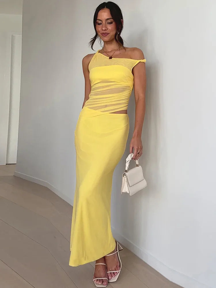 Diagonal Collar Backless Sexy Maxi Dress Women Gown Summer New Sleeveless Sheer Mesh Hollow Out Elegant Long Dress