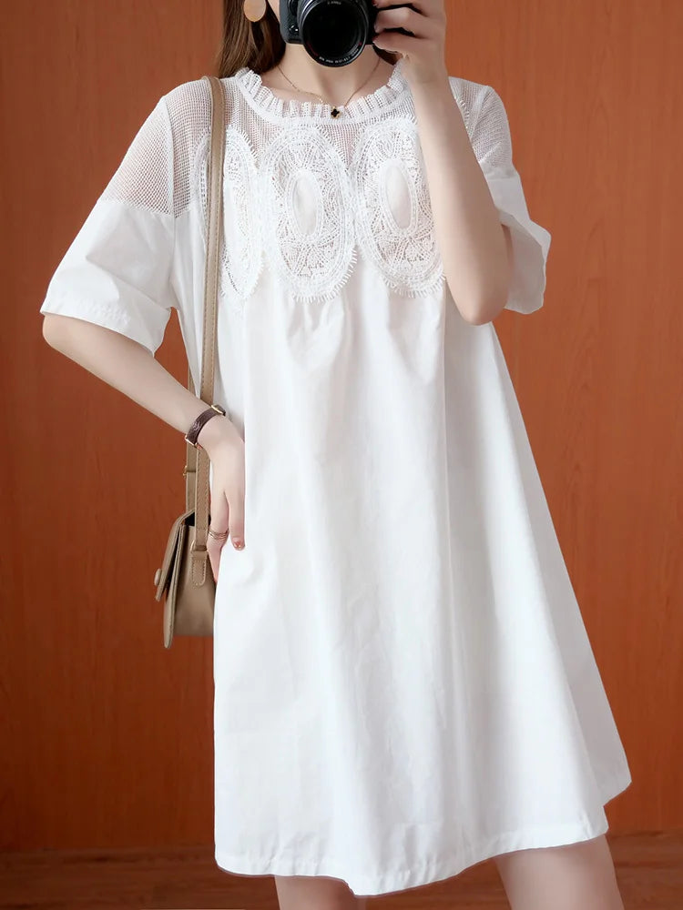 Women Black Lace Meh Perspective Big Size Mini Dress New Round Neck Short Sleeve Fashion Tide Spring Summer 2025 1DJ0336