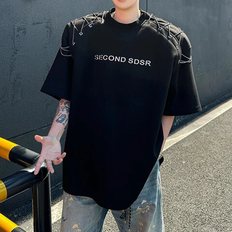 Men's T-shirts Short Sleeve Summer Letter Print  Design Chain Shoulder Pad Male T-shirt Pullover Solid Color Top 9W1708