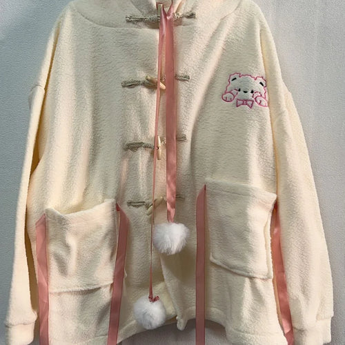 Load image into Gallery viewer, New Winter Fashion Loose Cartoon Jacket Y2k Aesthetic All Match Lamb Wool Women Hooded Coat Thicken Warm Vintage Casual Bow Tops
