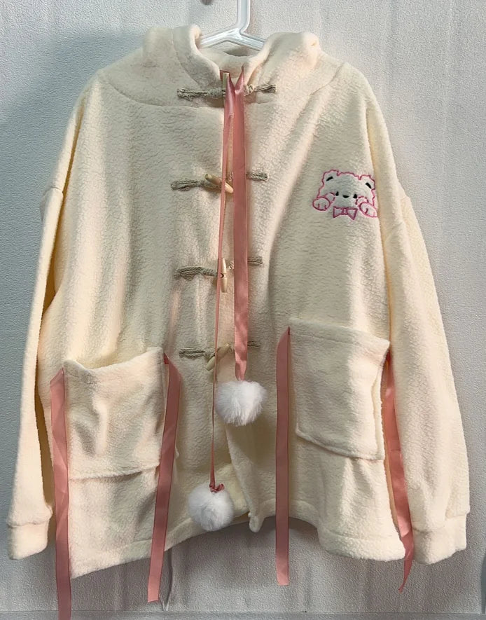 New Winter Fashion Loose Cartoon Jacket Y2k Aesthetic All Match Lamb Wool Women Hooded Coat Thicken Warm Vintage Casual Bow Tops