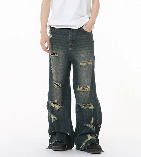 American Style Men's Jeans Solid Color Holes Design Raw Edge Casual Straight Washing Wide Leg Loose Male Denim Pants 9W1263