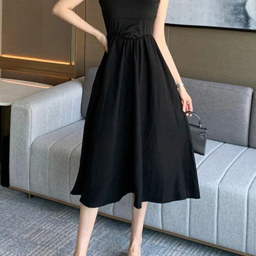 Load image into Gallery viewer, Black O-neck Sleeveless Simple Tank Dress Summer High Waist Slim Solid Color Women&#39;s Maxi Dresses Casual Office Ladies
