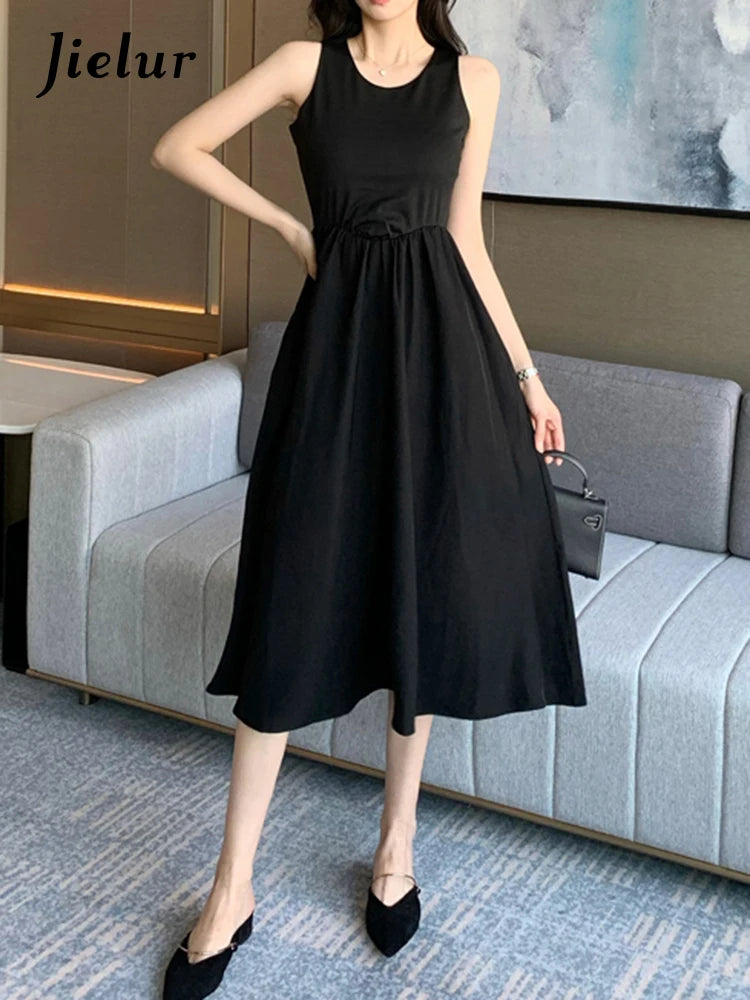 Black O-neck Sleeveless Simple Tank Dress Summer High Waist Slim Solid Color Women's Maxi Dresses Casual Office Ladies