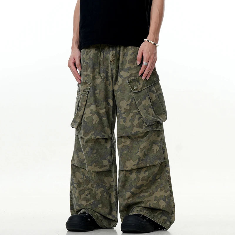 Men's Cargo Pants New American Style Loose Trendy Multi Pockets Straight Wide Leg Casual Male Summer Trousers 9W1731
