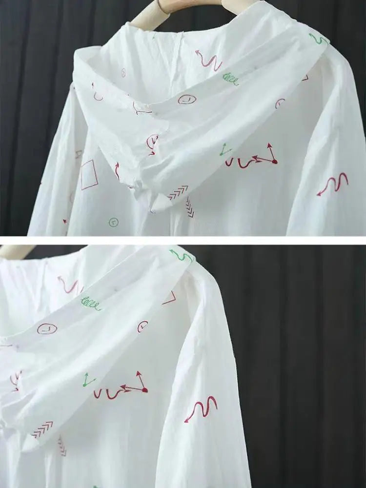 Women's Shirts Hooded Sunscreen Long Sleeved Shirt Female Top Summer New Coat Medium Long Jacket Thin Printed Blouse