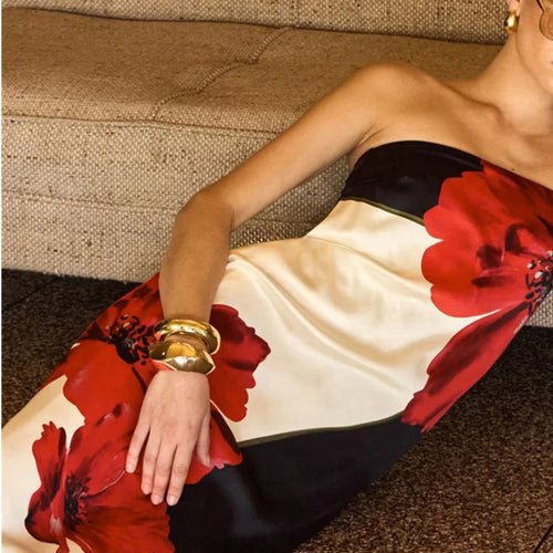 Load image into Gallery viewer, Strapless Floral Print Sexy Maxi Dress Women Gown Off-shoulder Sleeveless Backless A-line Club Long Dress Vestido
