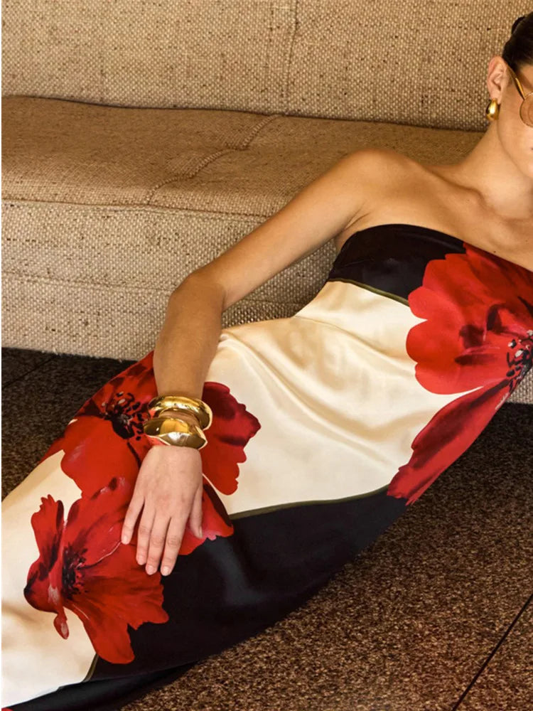 Strapless Floral Print Sexy Maxi Dress Women Gown Off-shoulder Sleeveless Backless A-line Club Long Dress Vestido