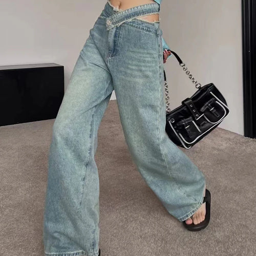 Load image into Gallery viewer, Denim Hollow Out Jeans For Women High Waist Patchwork Button Loose Irregular Autumn Wide Leg Pants Female
