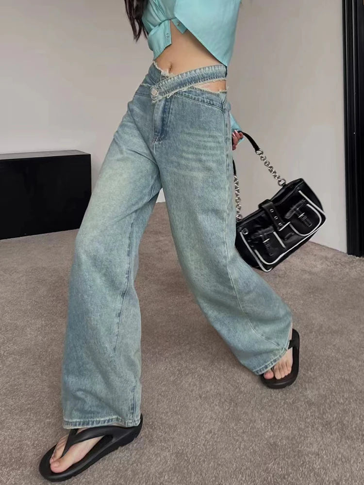 Denim Hollow Out Jeans For Women High Waist Patchwork Button Loose Irregular Autumn Wide Leg Pants Female