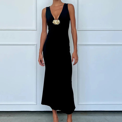 Load image into Gallery viewer, Elegant Deep V Neck Front Gold Clasp Sexy Maxi Dress For Women Black Gown Sleeveless Slim Fit Long Tank Dress Elegant
