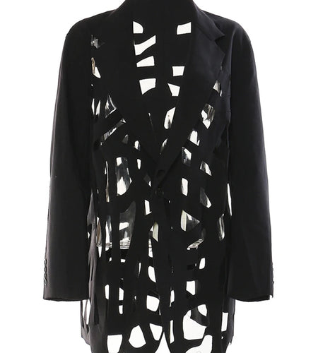 Women Black Hollow Out Burr Irregular Blazer New Lapel Long Sleeve Loose Fit Jacket Fashion Spring Autumn 2025 17A6685