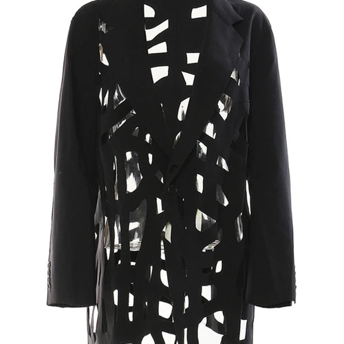 Load image into Gallery viewer, Women Black Hollow Out Burr Irregular Blazer New Lapel Long Sleeve Loose Fit Jacket Fashion Spring Autumn 2025 17A6685

