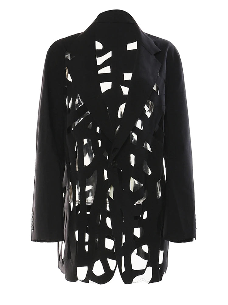 Women Black Hollow Out Burr Irregular Blazer New Lapel Long Sleeve Loose Fit Jacket Fashion Spring Autumn 2025 17A6685