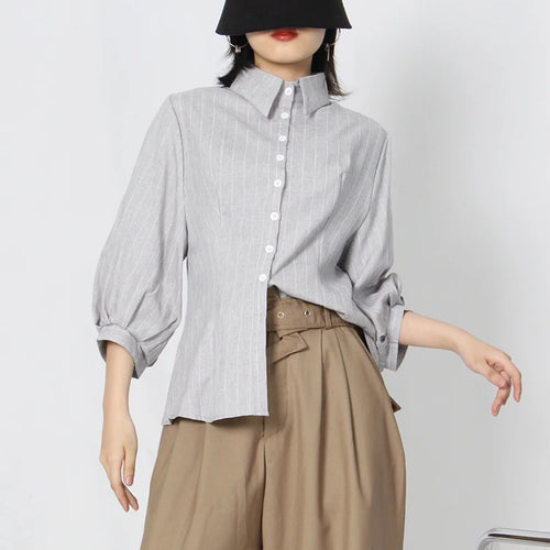 Load image into Gallery viewer, Slim Striped Shirt For Women Bowknot Collar Puff Sleeve Colorblock Button Through Blouse Female Clothes Fashion
